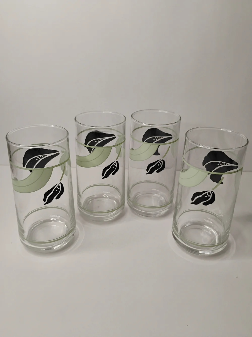 Set of 4 Floral Pattern Tall Drinking Glasses in Light Green and Black